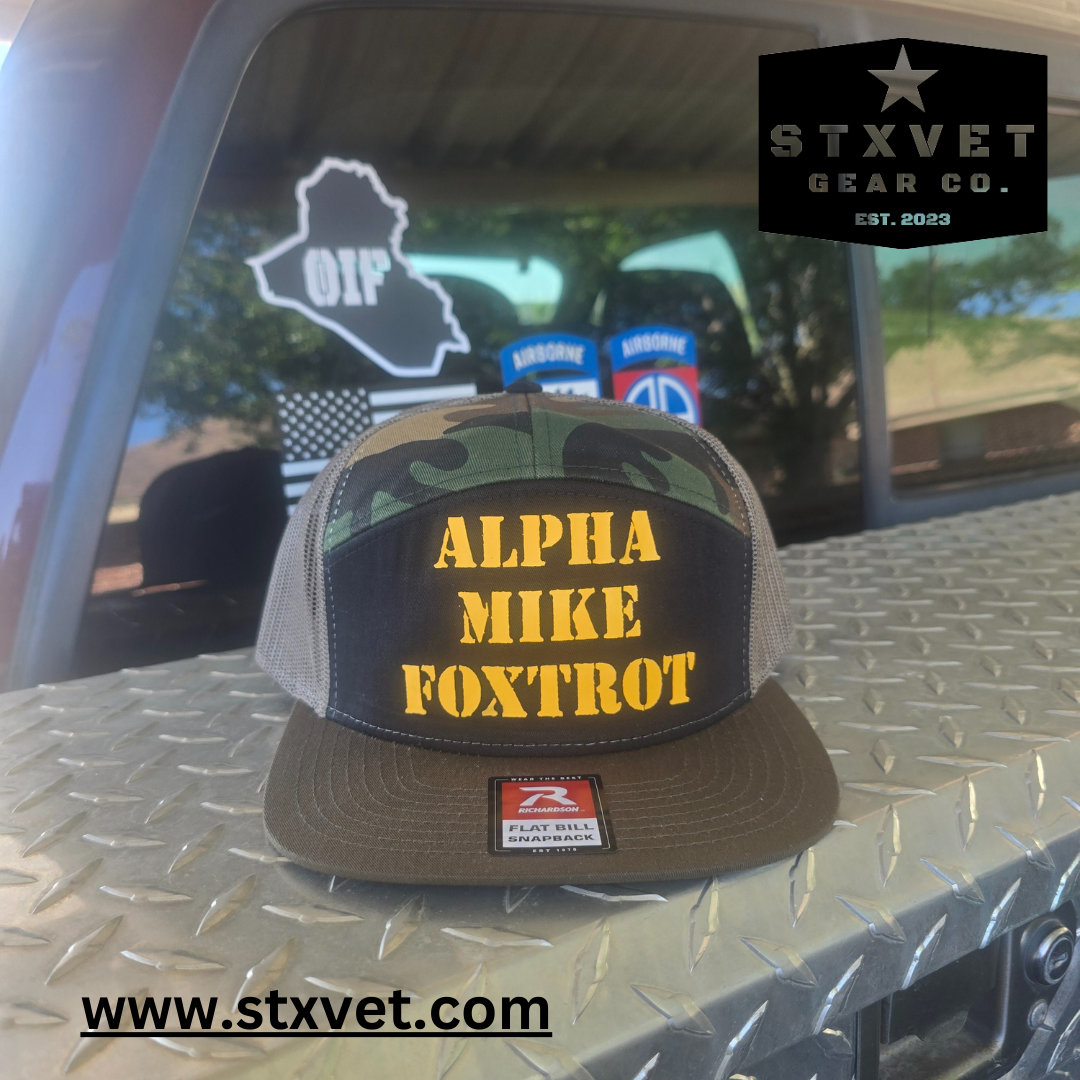 7 panel cap, Tri Black/Green Camo/Loden